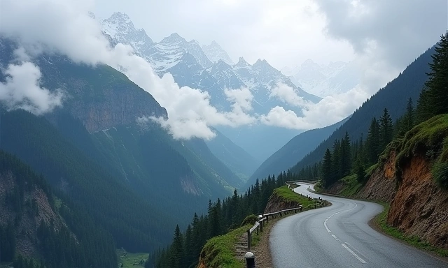 Mountain road in Arunachal Pradesh with misty peaks
